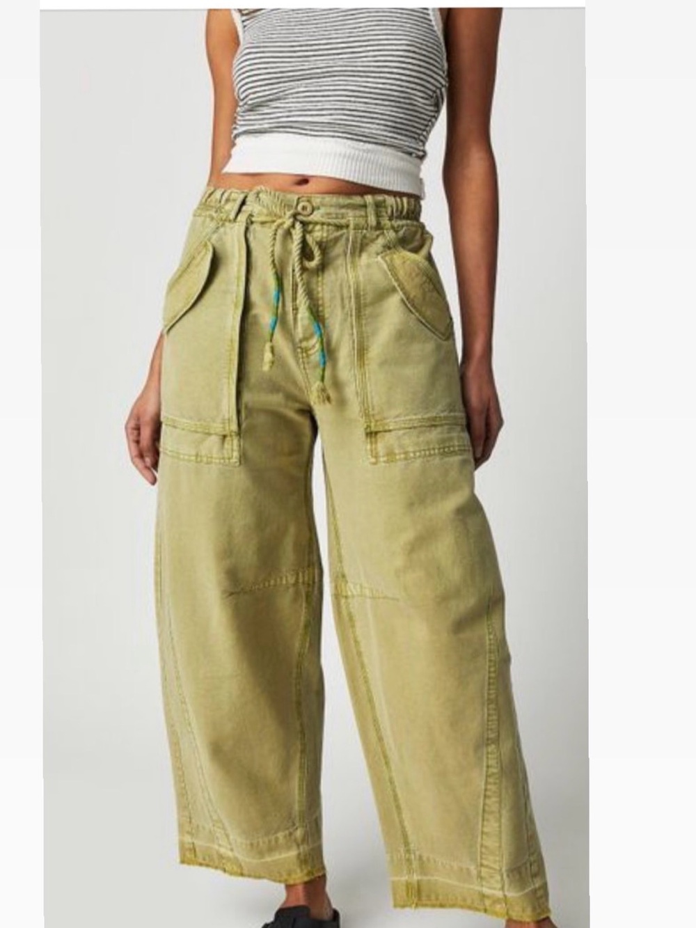Free People To The Extreme Drawstring Cargo Barrel Cotton Linen Olive Green Pant